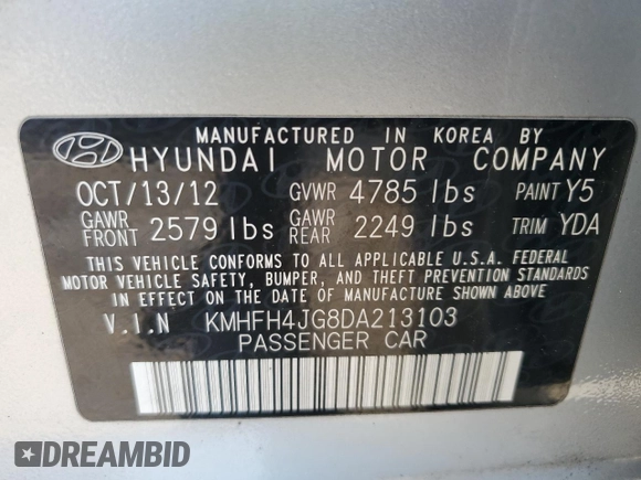 2013 Hyundai Azera z VIN KMHFH4JG8DA213103, wystawiony jako Copart lot #57781955 z przebiegiem 173 515 mil mil oraz Czysty tytuł • Clean title. Historia ofert i sprzedaży dostępna na DreamBid. Obrazek 12.