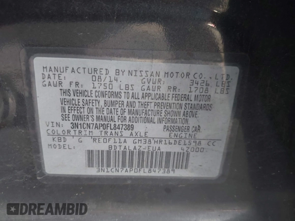 2015 Nissan Versa S Plus with VIN 3N1CN7AP0FL847389, listed as a IAAI auction lot 41356300 with 150,895 mi miles and . Bid and sale history available at DreamBid. Image 9.