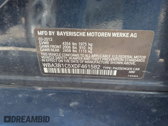 2013 BMW 3 Series 320i with VIN WBA3B1C5XDF461582, listed as a IAAI auction lot 41644855 with 159,363 mi miles. Bid and sale history available at carsss.com. Image 9.