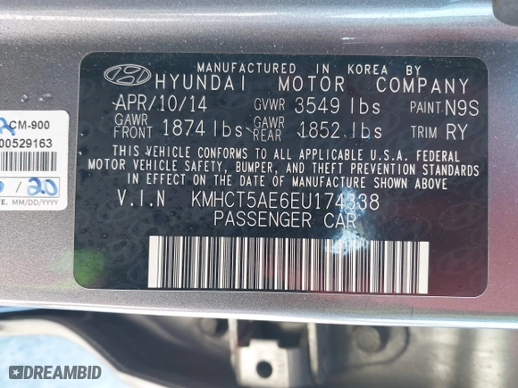 2014 Hyundai Accent GS with VIN KMHCT5AE6EU174338, listed as a IAAI auction lot 41096955 with 49,614 mi miles. Bid and sale history available at carsss.com. Image 9.