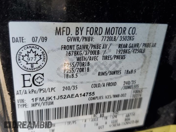 2010 Ford Expedition EL Eddie Bauer with VIN 1FMJK1J52AEA14755, listed as a Copart auction lot 65966154 with 124,533 mi miles and Clean Title. Bid and sale history available at carsss.com. Image 16.