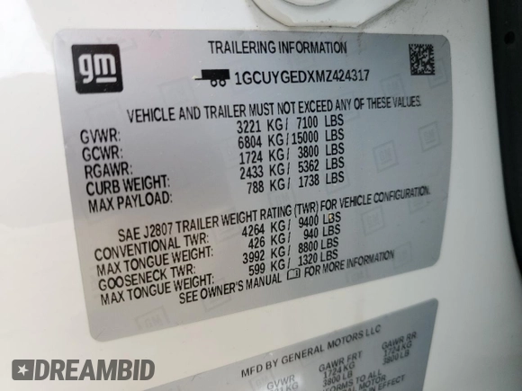 2021 Chevrolet Silverado 1500 LTZ with VIN 1GCUYGEDXMZ424317, listed as a Copart auction lot 53857505 with 102,653 mi miles and Salvage Title. Bid and sale history available at DreamBid. Image 12.