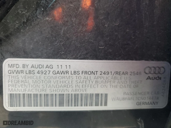 2012 Audi A4 2.0T Premium with VIN WAUBFAFL7CN014478, listed as a Copart auction lot 41992075 with 140,395 mi miles and Salvage Title. Bid and sale history available at carsss.com. Image 12.