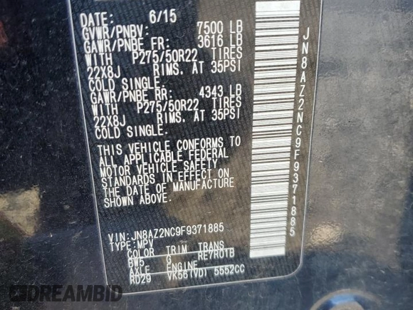 2015 Infiniti QX80 with VIN JN8AZ2NC9F9371885, listed as a Copart auction lot 82403814 with 191,293 mi miles and Salvage Title. Bid and sale history available at carsss.com. Image 15.