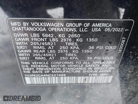 2022 Volkswagen Atlas SEL Premium R-Line with VIN 1V2FE2CA4NC221469, listed as a IAAI auction lot 41236003 with 57,017 mi miles and . Bid and sale history available at DreamBid. Image 9.