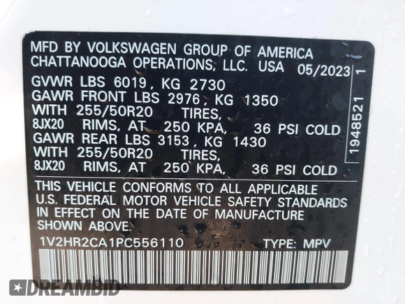 2023 Volkswagen Atlas SE с VIN 1V2HR2CA1PC556110, выставлен на аукционе IAAI как лот 41131285 с пробегом 13 543 миль миль и . История ставок и продаж доступна на DreamBid. Изображение 9.