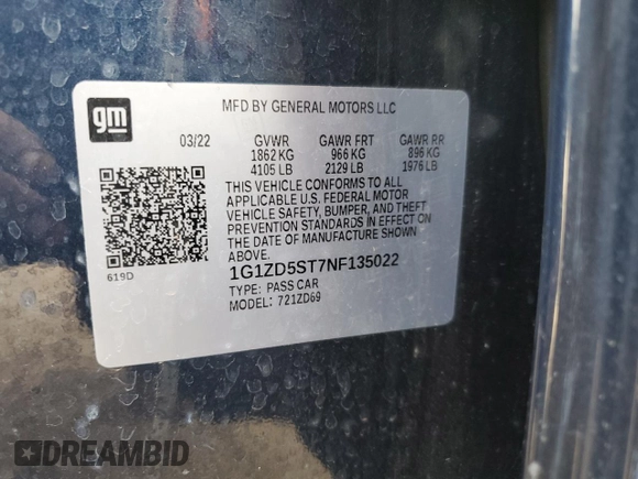 2022 Chevrolet Malibu LT with VIN 1G1ZD5ST7NF135022, listed as a Copart auction lot 48489505 with 66,305 mi miles and Salvage Title. Bid and sale history available at DreamBid. Image 13.