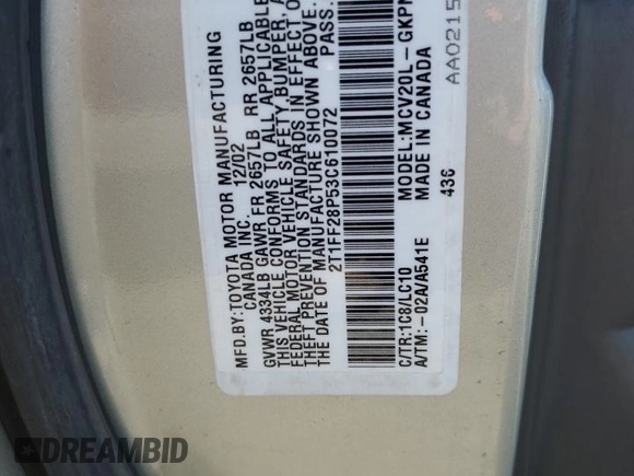 2003 Toyota Solara SE z VIN 2T1FF28P53C610072, wystawiony jako Copart lot #56075605 z przebiegiem 271 457 mil mil oraz Szkoda całkowita • Salvage title. Historia ofert i sprzedaży dostępna na DreamBid. Obrazek 12.