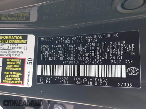 2025 Toyota Camry LE с VIN 4T1DBADK3SU514686, выставлен на аукционе IAAI как лот 42010297 с пробегом 6 232 миль миль и . История ставок и продаж доступна на DreamBid. Изображение 9.