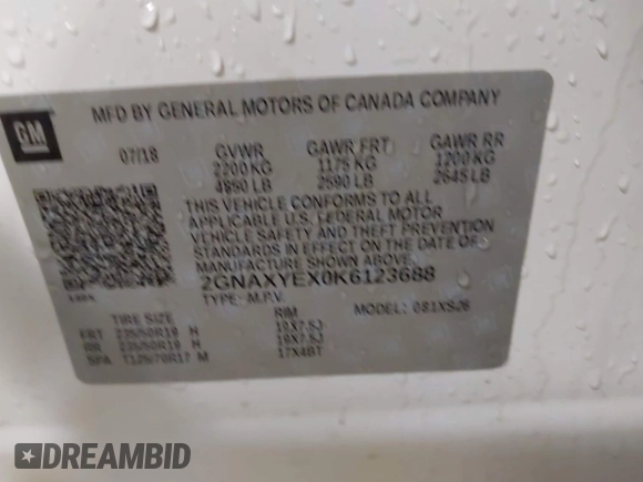 2019 Chevrolet Equinox Premier with VIN 2GNAXYEX0K6123688, listed as a IAAI auction lot 41542926 with 54,977 mi miles. Bid and sale history available at carsss.com. Image 9.