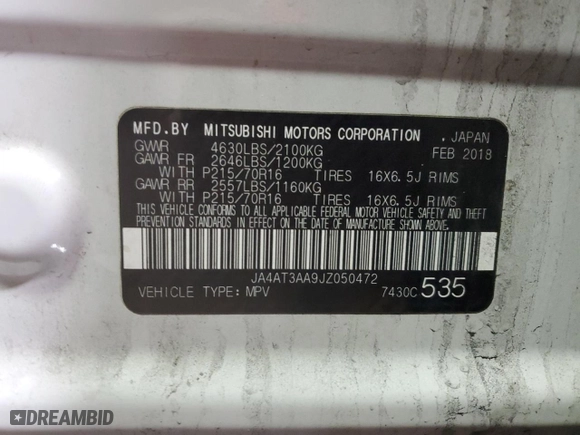 2018 Mitsubishi Eclipse Cross ES with VIN JA4AT3AA9JZ050472, listed as a Copart auction lot 47934205 with 85,549 mi miles and Salvage Title. Bid and sale history available at carsss.com. Image 13.