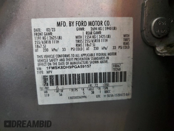 2023 Ford Explorer XLT with VIN 1FMSK8DH9PGA59157, listed as a Copart auction lot 51327735 with 63,951 mi miles and Salvage Title. Bid and sale history available at carsss.com. Image 13.