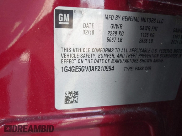 2010 Buick LaCrosse CXS with VIN 1G4GE5GV0AF210994, listed as a IAAI auction lot 42648350 with 93,477 mi miles and . Bid and sale history available at DreamBid. Image 9.