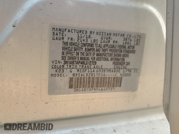 2019 Nissan Sentra SV with VIN 3N1AB7AP4KL612729, listed as a Copart auction lot 51519415 with 92,250 mi miles and Salvage Title. Bid and sale history available at DreamBid. Image 14.