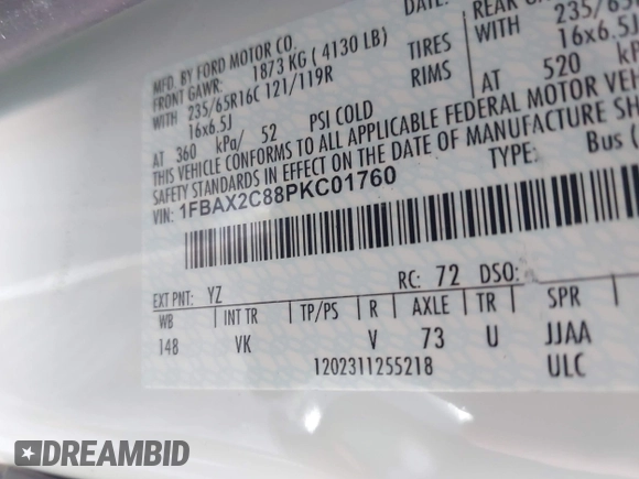 2023 Ford Transit Passenger XL with VIN 1FBAX2C88PKC01760, listed as a IAAI auction lot 42161687 with 15,680 mi miles and . Bid and sale history available at DreamBid. Image 9.