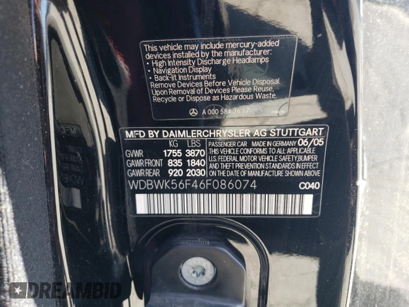 2006 Mercedes-Benz SLK 350 with VIN WDBWK56F46F086074, listed as a Copart auction lot 53111195 with 109,686 mi miles and Salvage Title. Bid and sale history available at DreamBid. Image 12.