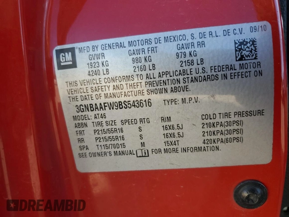 2011 Chevrolet HHR LS with VIN 3GNBAAFW9BS543616, listed as a Copart auction lot 69159844 with Not Provided miles and Salvage Title. Bid and sale history available at DreamBid. Image 14.