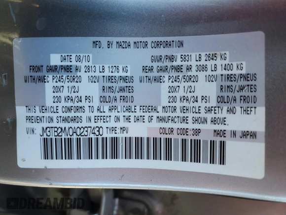 2010 Mazda CX-9 Grand Touring with VIN JM3TB2MV0A0237430, listed as a Copart auction lot 50367955 with 101,057 mi miles and Salvage Title. Bid and sale history available at carsss.com. Image 13.