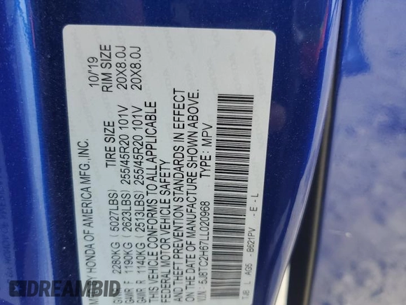 2020 Acura RDX w/A-Spec Pkg with VIN 5J8TC2H67LL020968, listed as a Copart auction lot 69021854 with 67,874 mi miles and Salvage Title. Bid and sale history available at DreamBid. Image 13.