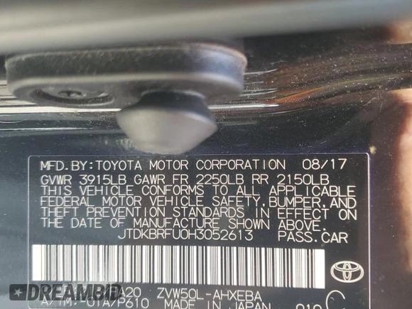 2017 Toyota Prius Two with VIN JTDKBRFU0H3052613, listed as a Copart auction lot 56436305 with 38,657 mi miles and Salvage Title. Bid and sale history available at DreamBid. Image 12.