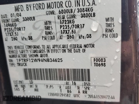 2004 Ford F-150 XL with VIN 1FTRF12W94NB34625, listed as a Copart auction lot 42655245 with 156,829 mi miles and Salvage Title. Bid and sale history available at carsss.com. Image 13.