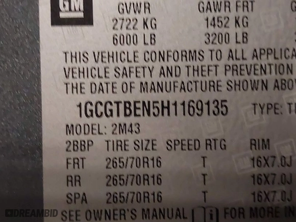 2017 Chevrolet Colorado 4WD WT with VIN 1GCGTBEN5H1169135, listed as a IAAI auction lot 41810065 with 36,499 mi miles. Bid and sale history available at carsss.com. Image 9.