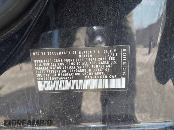 2019 Volkswagen Jetta SEL z VIN 3VWE57BU9KM064213, wystawiony jako IAAI lot #41916005 z przebiegiem 50 719 mil mil oraz . Historia ofert i sprzedaży dostępna na DreamBid. Obrazek 9.