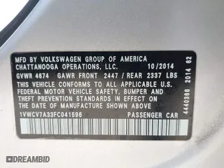 2015 Volkswagen Passat 2.0L TDI SEL Premium with VIN 1VWCV7A33FC041596, listed as a IAAI auction lot 40328327 with 161,489 mi miles. Bid and sale history available at carsss.com. Image 9.