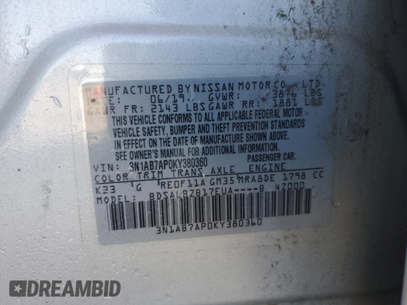 2019 Nissan Sentra SR with VIN 3N1AB7AP0KY380360, listed as a Copart auction lot 52254275 with 69,458 mi miles and Salvage Title. Bid and sale history available at carsss.com. Image 13.