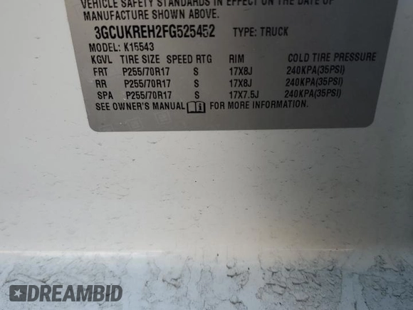 2015 Chevrolet Silverado 1500 LT with VIN 3GCUKREH2FG525452, listed as a Copart auction lot 48550595 with 78,795 mi miles and Salvage Title. Bid and sale history available at DreamBid. Image 15.