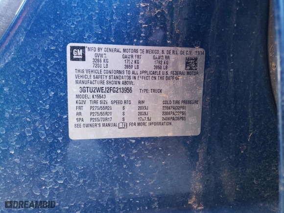 2015 GMC Sierra 1500 Denali with VIN 3GTU2WEJ2FG213956, listed as a Copart auction lot 88971565 with 130,449 mi miles and Salvage Title. Bid and sale history available at carsss.com. Image 12.