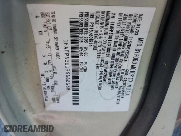 2003 Ford Taurus SE Standard with VIN 1FAFP53U13G188188, listed as a Copart auction lot 73574624 with 95,017 mi miles and Salvage Title. Bid and sale history available at DreamBid. Image 13.