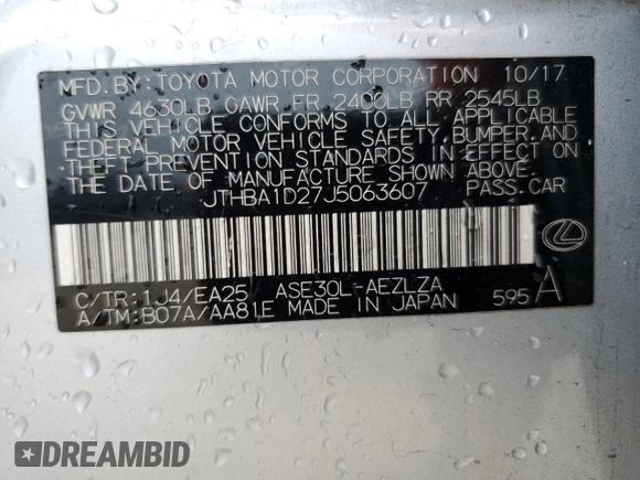 2018 Lexus IS 300 with VIN JTHBA1D27J5063607, listed as a Copart auction lot 63473825 with 124,193 mi miles and Salvage title. Bid and sale history available at DreamBid. Image 12.