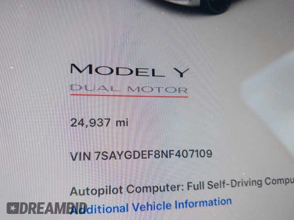 2022 Tesla Model Y Performance with VIN 7SAYGDEF8NF407109, listed as a IAAI auction lot 42014282 with 24,937 mi miles and . Bid and sale history available at DreamBid. Image 15.