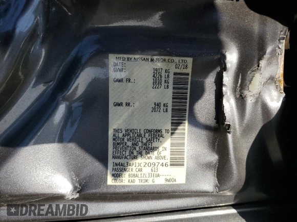 2018 Nissan Altima SV with VIN 1N4AL3AP1JC209746, listed as a Copart auction lot 53984095 with 58,823 mi miles and Salvage Title. Bid and sale history available at carsss.com. Image 12.