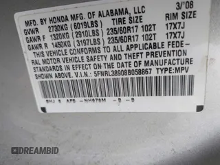 2008 Honda Odyssey Touring with VIN 5FNRL38908B058867, listed as a IAAI auction lot 42126471 with 201,088 mi miles and . Bid and sale history available at DreamBid. Image 9.