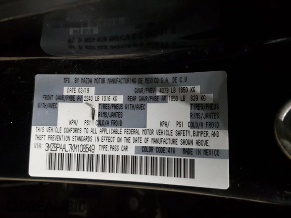2019 Mazda 3 w/Select Pkg with VIN 3MZBPAAL7KM108549, listed as a Copart auction lot 83036084 with 93,145 mi miles and Salvage Title. Bid and sale history available at carsss.com. Image 12.