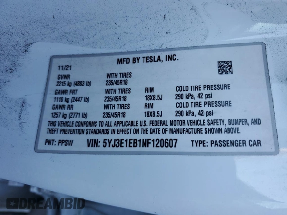 2022 Tesla Model 3 Long Range with VIN 5YJ3E1EB1NF120607, listed as a Copart auction lot 46216825 with 22,850 mi miles and Non Repairable. Bid and sale history available at carsss.com. Image 13.