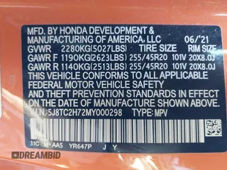 2021 Acura RDX Advance with VIN 5J8TC2H72MY000298, listed as a IAAI auction lot 41188280 with 57,312 mi miles and . Bid and sale history available at DreamBid. Image 9.