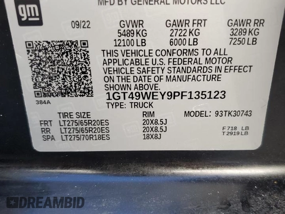 2023 GMC Sierra 3500HD Denali z VIN 1GT49WEY9PF135123, wystawiony jako Copart lot #74175484 z przebiegiem Nie podano mil oraz Nie do naprawy • Non repairable. Historia ofert i sprzedaży dostępna na DreamBid. Obrazek 13.