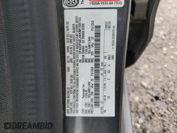 2019 Ford Fiesta SE with VIN 3FADP4EJXKM159703, listed as a Copart auction lot 51482045 with 84,510 mi miles and Salvage Title. Bid and sale history available at DreamBid. Image 15.