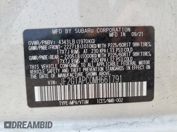 2021 Subaru Crosstrek Premium with VIN JF2GTAPC0MH661791, listed as a Copart auction lot 60546185 with 53,432 mi miles and Salvage title. Bid and sale history available at DreamBid. Image 13.