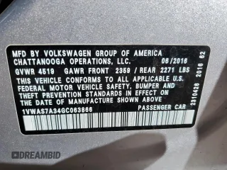 2016 Volkswagen Passat 1.8T R-Line w/Comfort Pkg with VIN 1VWAS7A34GC063866, listed as a Copart auction lot 79299444 with 0 mi miles and Salvage Title. Bid and sale history available at carsss.com. Image 13.
