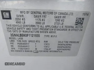 2015 Chevrolet Equinox LT with VIN 2GNALBEK8F1121655, listed as a IAAI auction lot 41248101 with 215,461 mi miles. Bid and sale history available at carsss.com. Image 9.