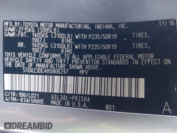 2017 Toyota Sienna SE with VIN 5TDXZ3DC4HS806247, listed as a IAAI auction lot 41323320 with 18,212 mi miles and . Bid and sale history available at DreamBid. Image 9.