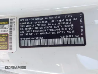2015 Volkswagen Eos Komfort with VIN WVWBW8AH4FV003067, listed as a IAAI auction lot 41186314 with Not Provided miles and . Bid and sale history available at DreamBid. Image 9.