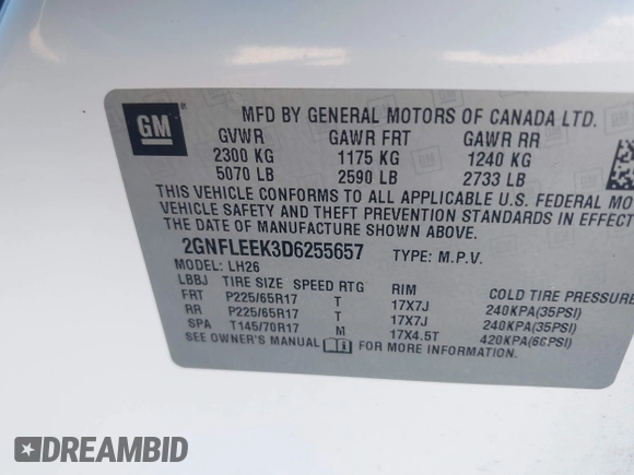 2013 Chevrolet Equinox LT with VIN 2GNFLEEK3D6255657, listed as a IAAI auction lot 42216972 with 210,397 mi miles and . Bid and sale history available at carsss.com. Image 9.