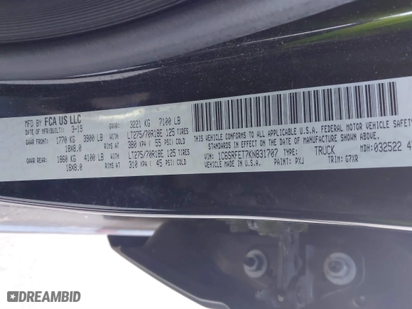 2019 Ram 1500 Rebel with VIN 1C6SRFET7KN831707, listed as a IAAI auction lot 41508675 with 107,334 mi miles. Bid and sale history available at carsss.com. Image 9.