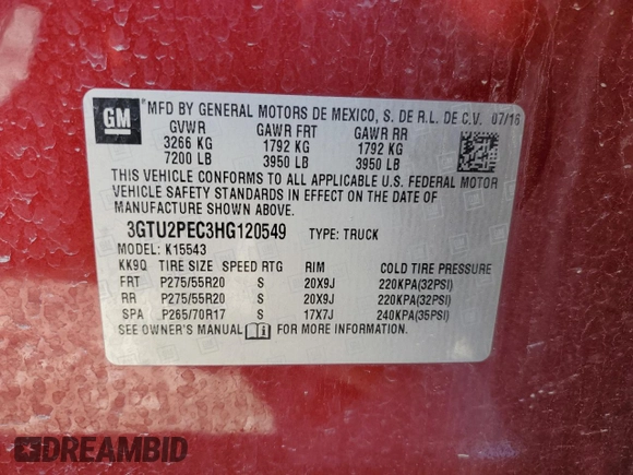 2017 GMC Sierra 1500 Denali with VIN 3GTU2PEC3HG120549, listed as a Copart auction lot 50585115 with 105,186 mi miles and Salvage Title. Bid and sale history available at DreamBid. Image 12.