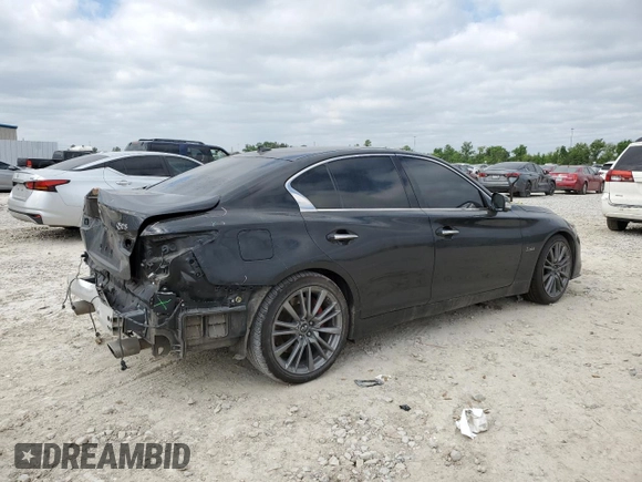 2019 Infiniti Q50 Red Sport 400 with VIN JN1FV7APXKM760676, listed as a Copart auction lot 53042805 with 112,374 mi miles and Salvage title. Bid and sale history available at DreamBid. Image 3.